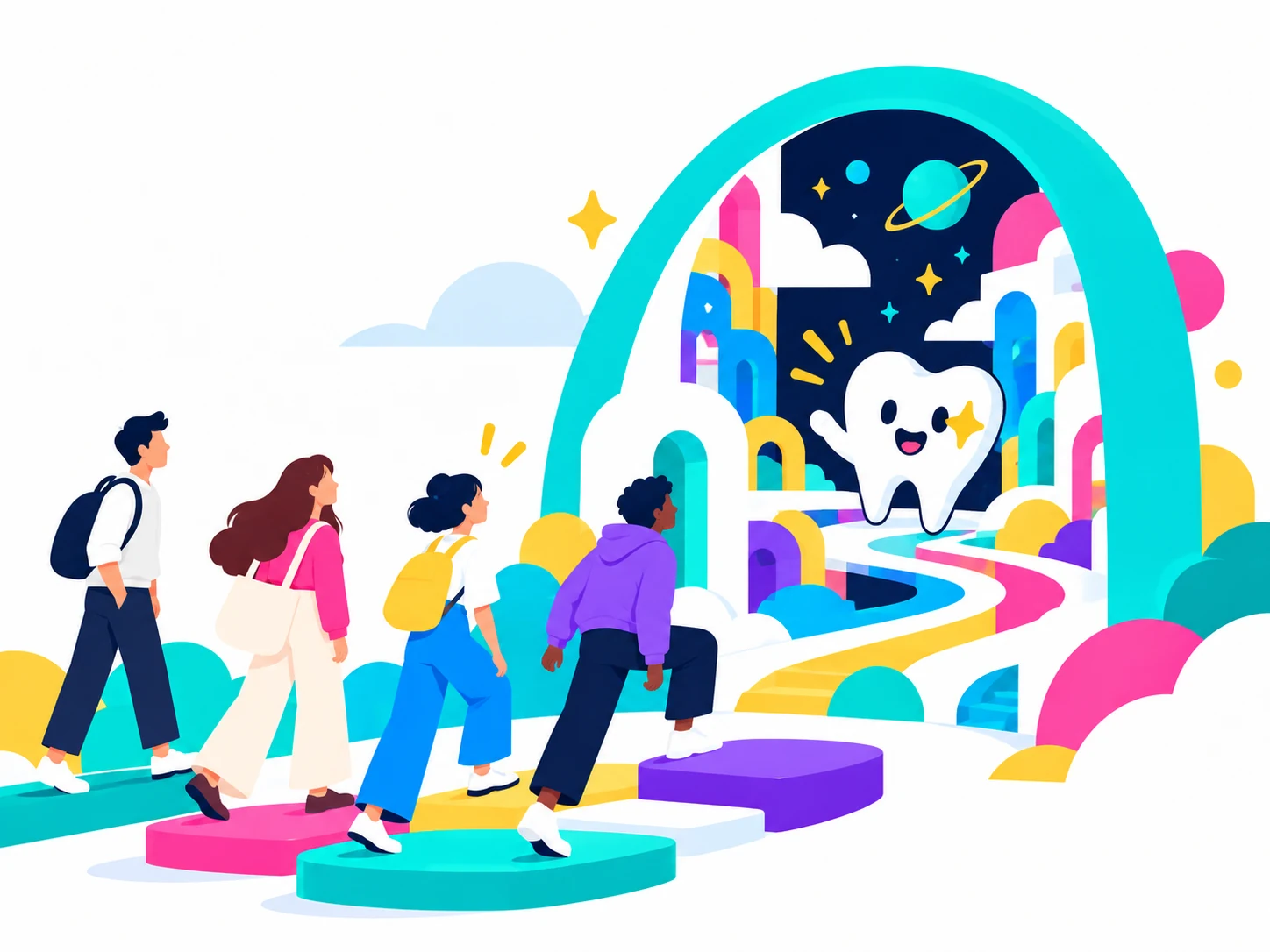 Young adults making their way at their own pace towards a colourful world, guided by DentalGO's tooth character